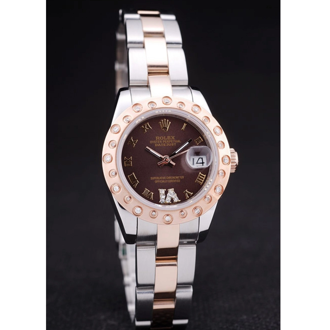 Aaa fake watches Gold Bezel Rose Brown Rolex Dial Polished Datejust Diamonds 7475 0825